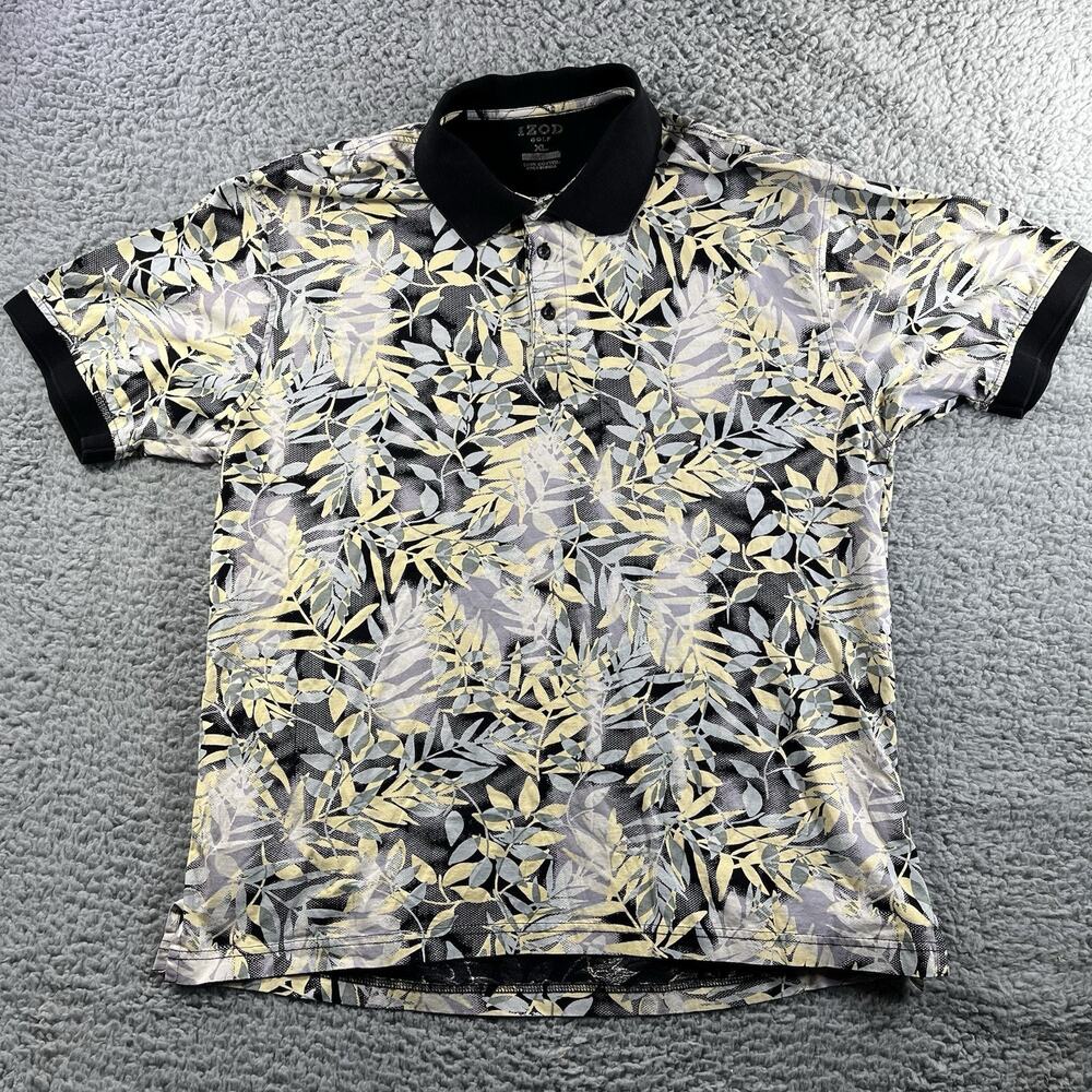 IZOD Golf Men's XL Polo Shirt Black Floral Leaf Print Short Sleeve Cotton